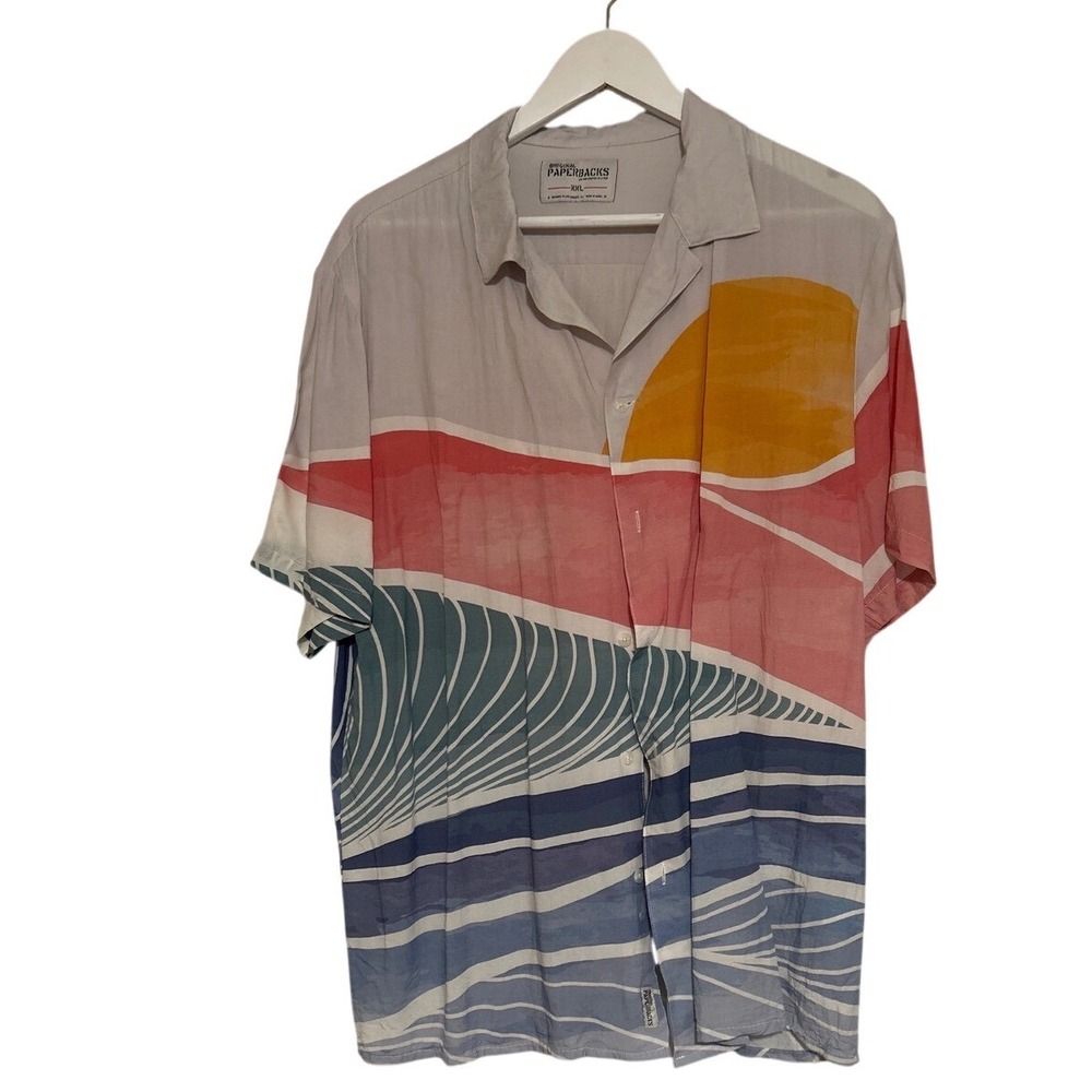 Original Paperbacks Mens XXL Short Sleeve Rayon Sunset Wave Graphic Button Shirt